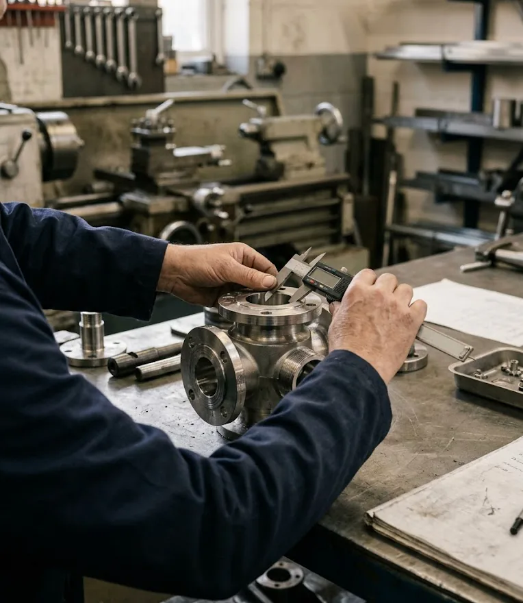 Engineer checking a machined stainless-steel valve body with a digital calliper