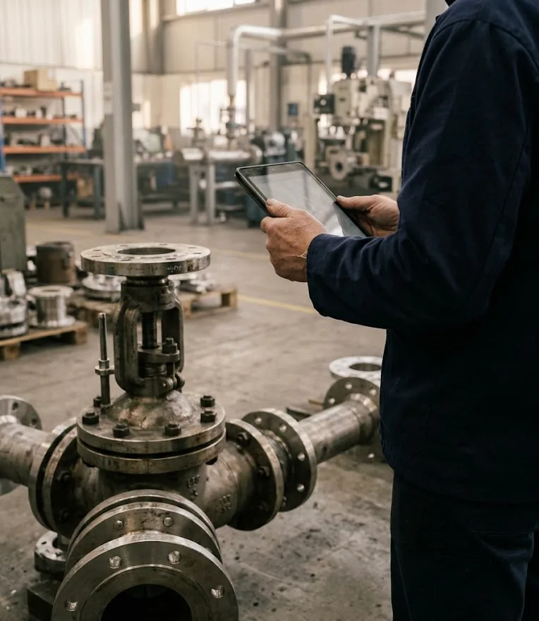Engineer reading technical drawings on a tablet beside an industrial valve on the shop floor