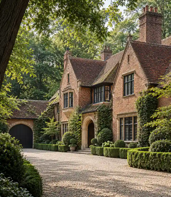 A large red-brick house with gables and chimneys at the end of a gravel drive lined with hedges