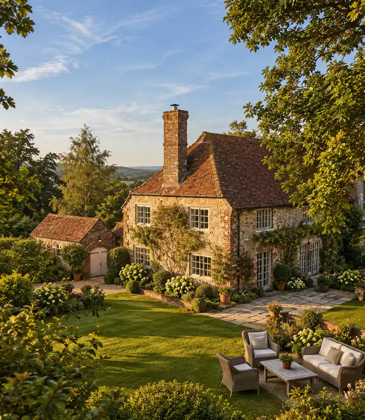 A stone country house with climbing plants, a garden terrace and outdoor seating on the lawn
