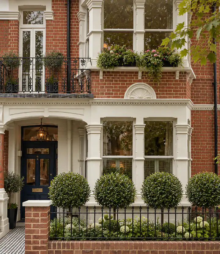 The front of a red-brick Victorian townhouse with white bay windows, a black front door and clipped box hedges